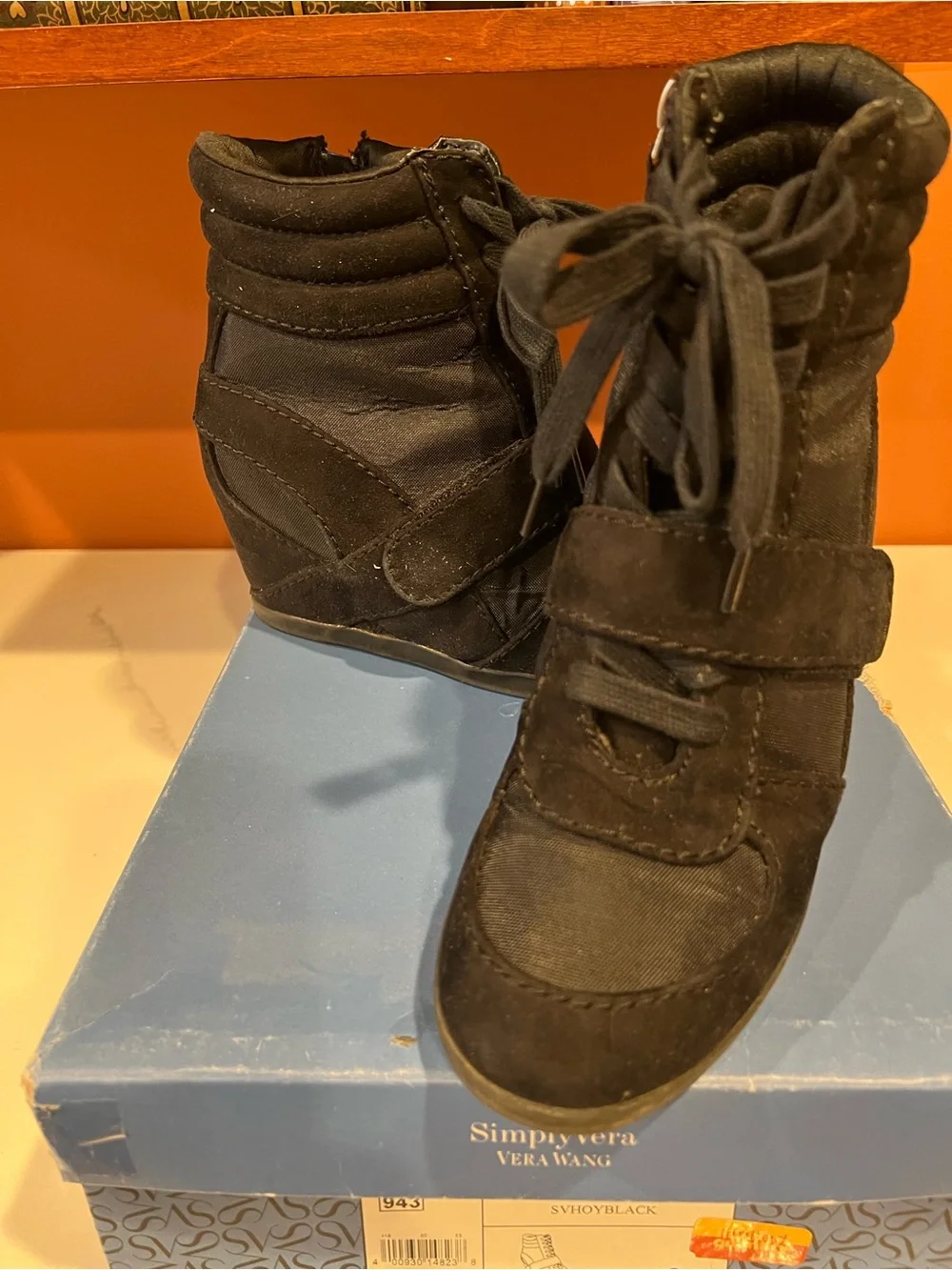 Vera Wang Black Lace-Up Wedge Sneakers